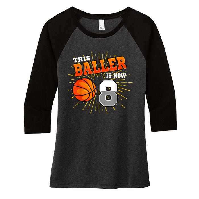 This Baller Is Now 8 Basketball 8th Birthday Party Women's Tri-Blend 3/4-Sleeve Raglan Shirt