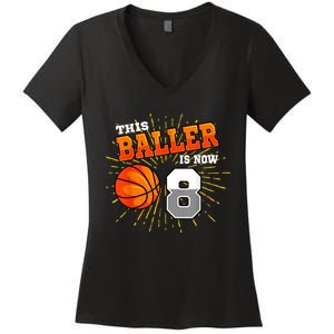 This Baller Is Now 8 Basketball 8th Birthday Party Women's V-Neck T-Shirt