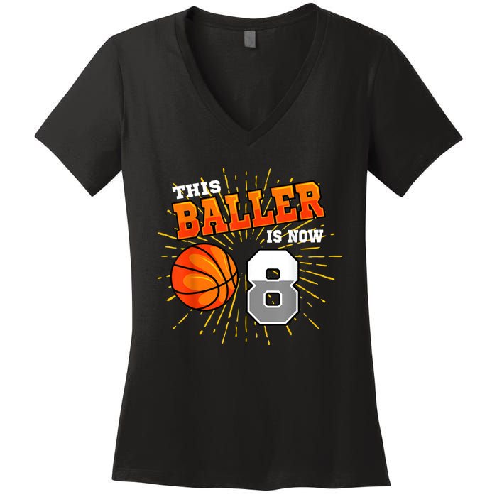 This Baller Is Now 8 Basketball 8th Birthday Party Women's V-Neck T-Shirt