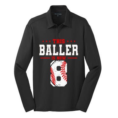 This Baller Is Now 8 Birthday Baseball Theme Bday Party Silk Touch Performance Long Sleeve Polo