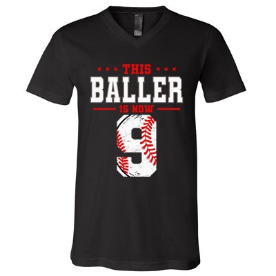 This Baller Is Now 9 Birthday Baseball Theme Bday Party V-Neck T-Shirt