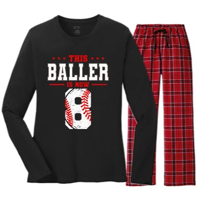 This Baller Is Now 8 Birthday Baseball Theme Bday Party Women's Long Sleeve Flannel Pajama Set 