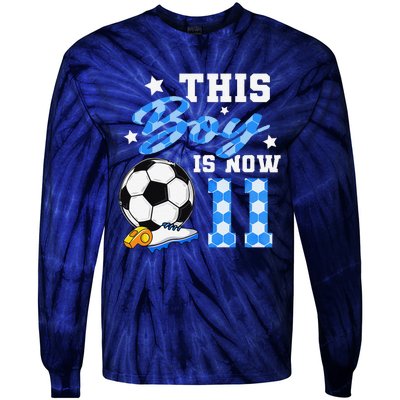 This Boy Is Now 11 Birthday Boy Soccer 11th Birthday Tie-Dye Long Sleeve Shirt