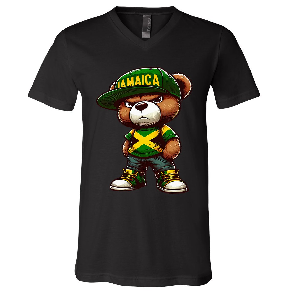 Teddy Bear Jamaica Flag Jamaican Clothing & Women V-Neck T-Shirt