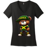 Teddy Bear Jamaica Flag Jamaican Clothing & Women Women's V-Neck T-Shirt