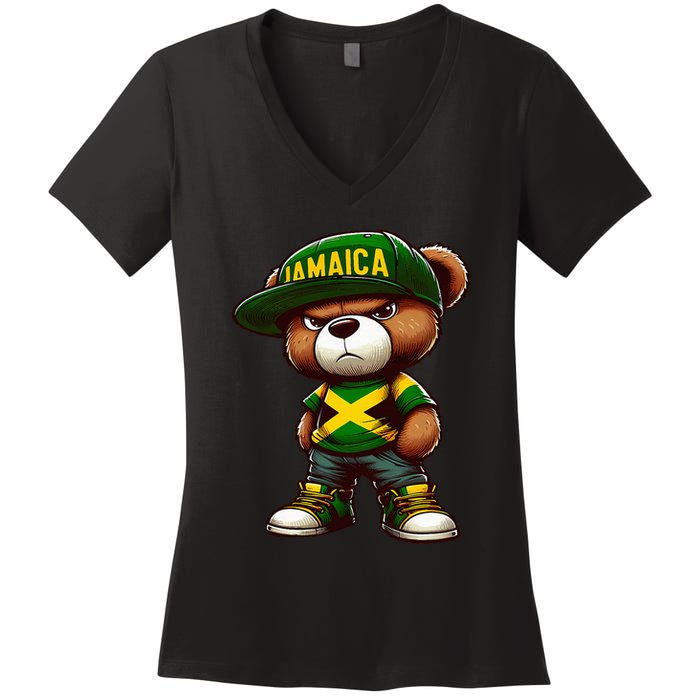 Teddy Bear Jamaica Flag Jamaican Clothing & Women Women's V-Neck T-Shirt