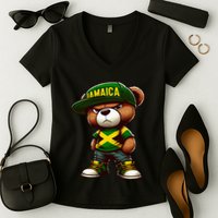 Teddy Bear Jamaica Flag Jamaican Clothing & Women Women's V-Neck T-Shirt