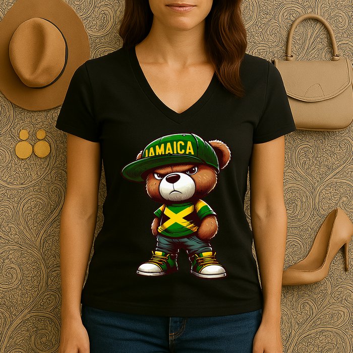 Teddy Bear Jamaica Flag Jamaican Clothing & Women Women's V-Neck T-Shirt