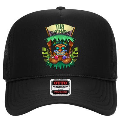 Tiki Bartender Kahuna Tropical Drinks Cocktails Luao Party High Crown Mesh Back Trucker Hat