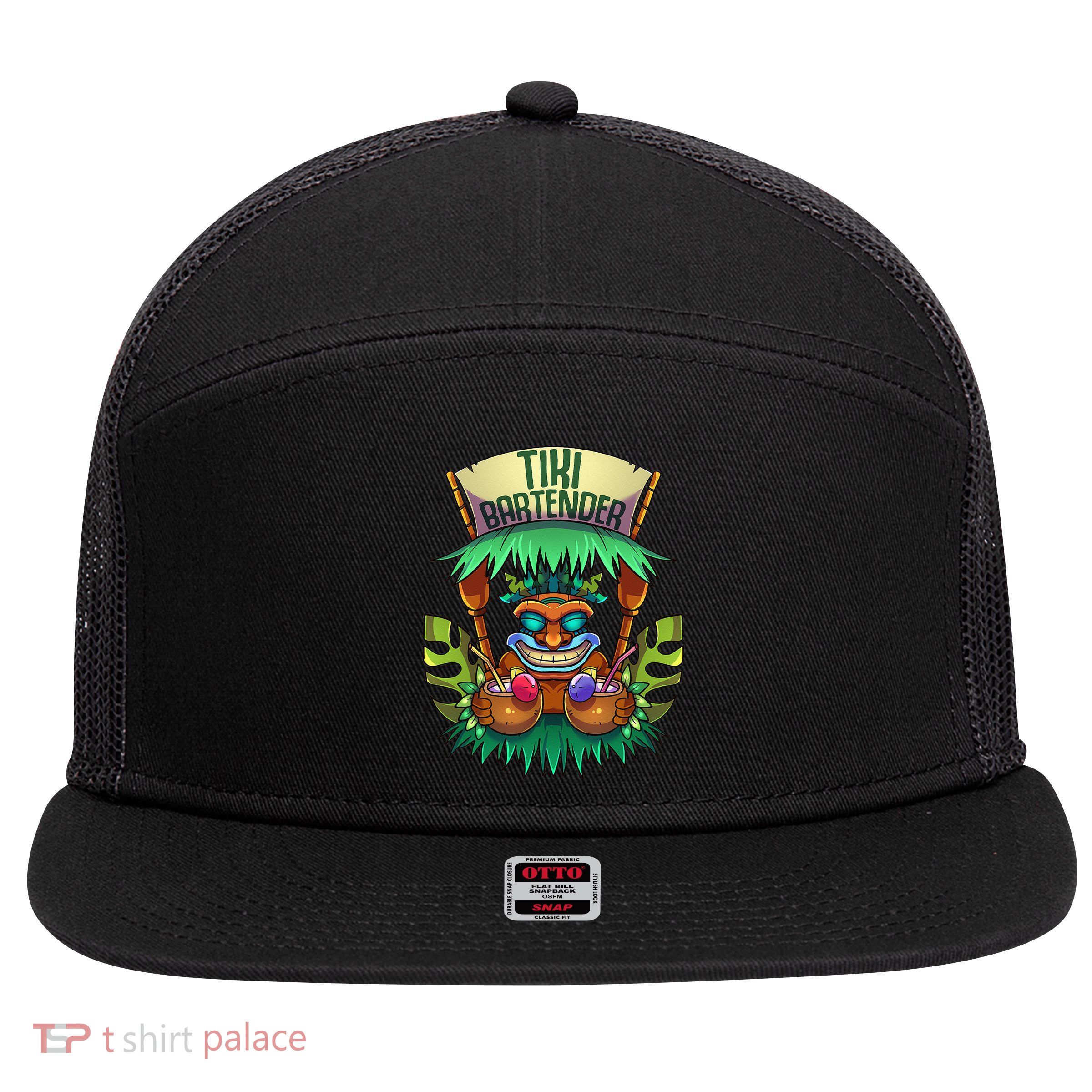 Tiki Bartender Kahuna Tropical Drinks Cocktails Luao Party 7 Panel Mesh Trucker Snapback Hat