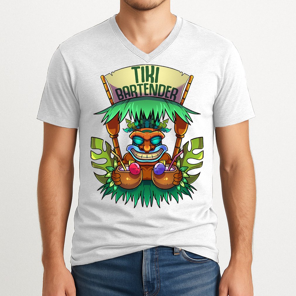 Tiki Bartender Kahuna Tropical Drinks Cocktails Luao Party V-Neck T-Shirt