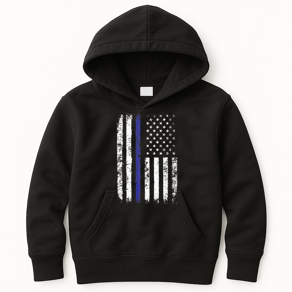 Thin Blue Line American Flag Police Officer Back Dad Gift Kids Hoodie