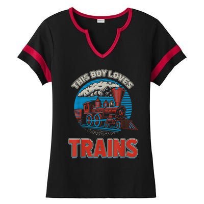 This Boy Loves Trains Locomotives And Wagon! Boys Train Ladies Halftime Notch Neck Tee