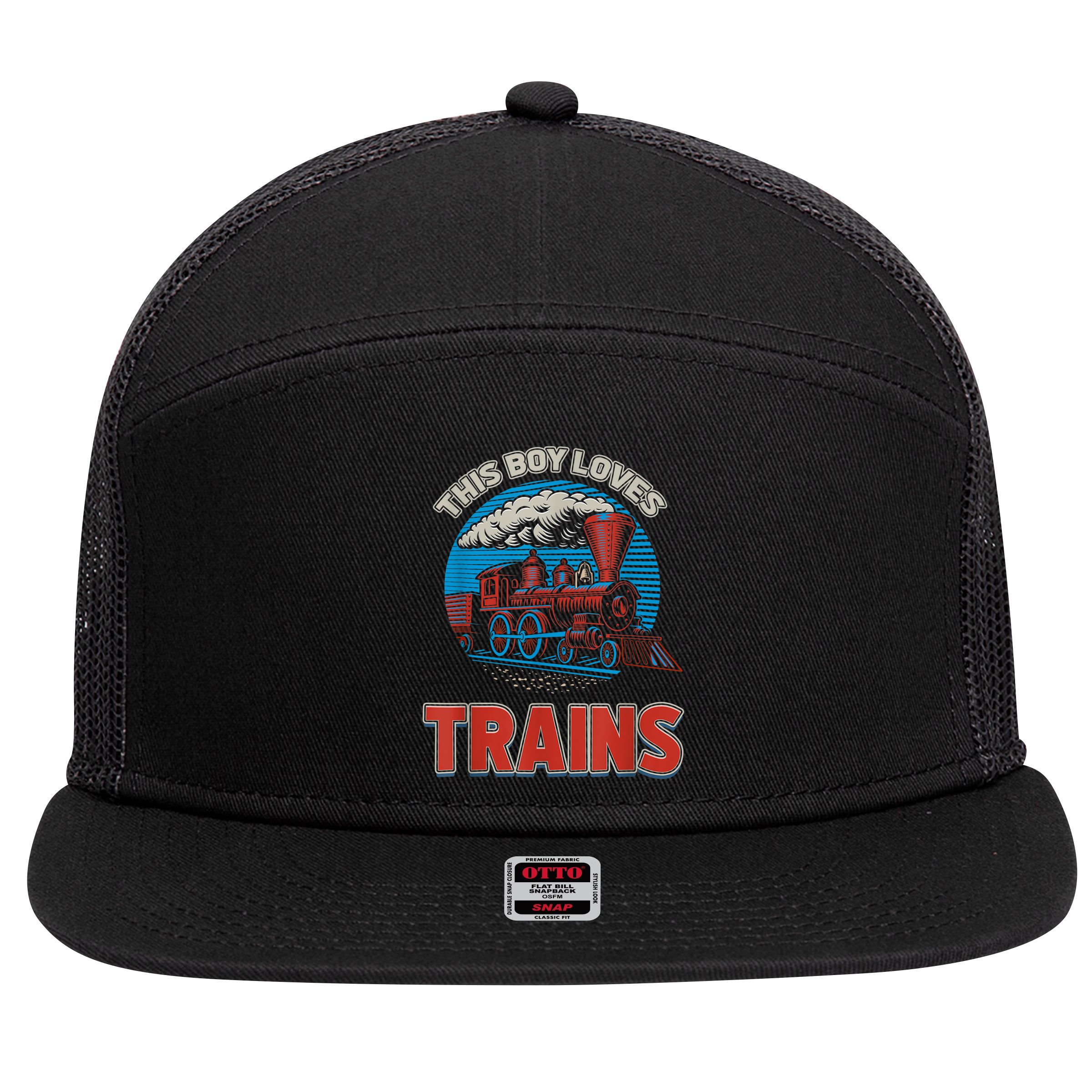 This Boy Loves Trains Locomotives And Wagon! Boys Train 7 Panel Mesh Trucker Snapback Hat