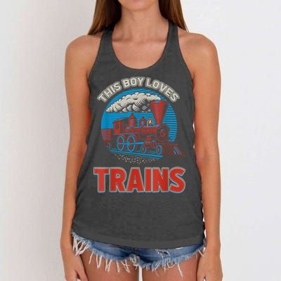 This Boy Loves Trains Locomotives And Wagon! Boys Train Women's Knotted Racerback Tank