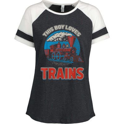 This Boy Loves Trains Locomotives And Wagon! Boys Train Enza Ladies Jersey Colorblock Tee