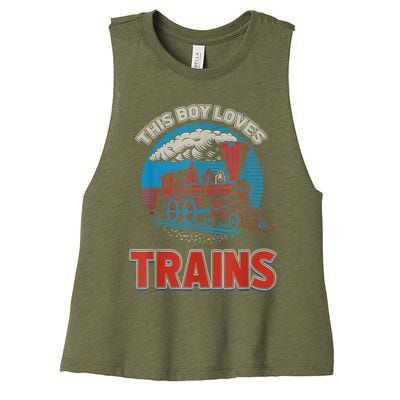 This Boy Loves Trains Locomotives And Wagon! Boys Train Women's Racerback Cropped Tank