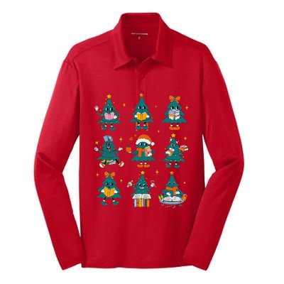 Teacher Book Lovers Librarian Reading Books Christmas Tree Silk Touch Performance Long Sleeve Polo