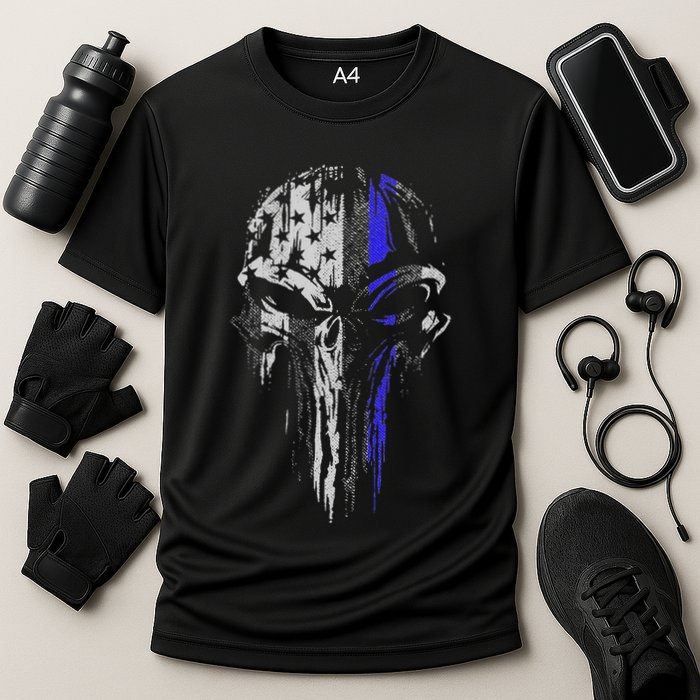 Thin Blue Line S Usa Flag Skull Police Cooling Performance Crew T-Shirt
