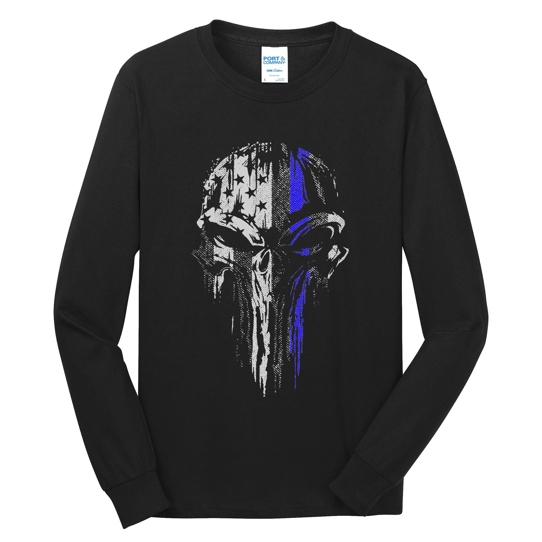 Thin Blue Line S Usa Flag Skull Police Tall Long Sleeve T-Shirt