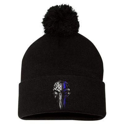 Thin Blue Line S Usa Flag Skull Police Pom Pom 12in Knit Beanie