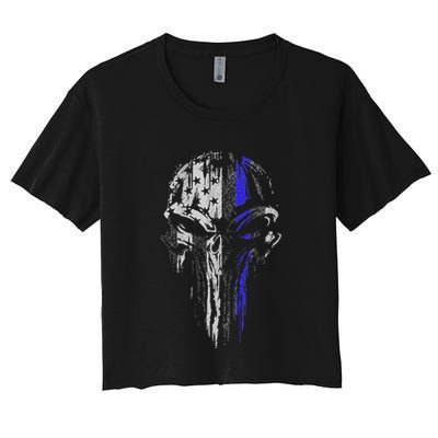 Thin Blue Line S Usa Flag Skull Police Crop Top