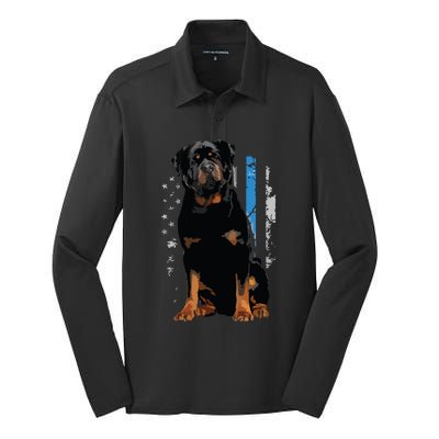 Thin Blue Line American Flag Rottweiler Police Dog Silk Touch Performance Long Sleeve Polo