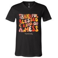 Thankful Blessed Lunch Lady Fall Vibes Thanksgiving V-Neck T-Shirt