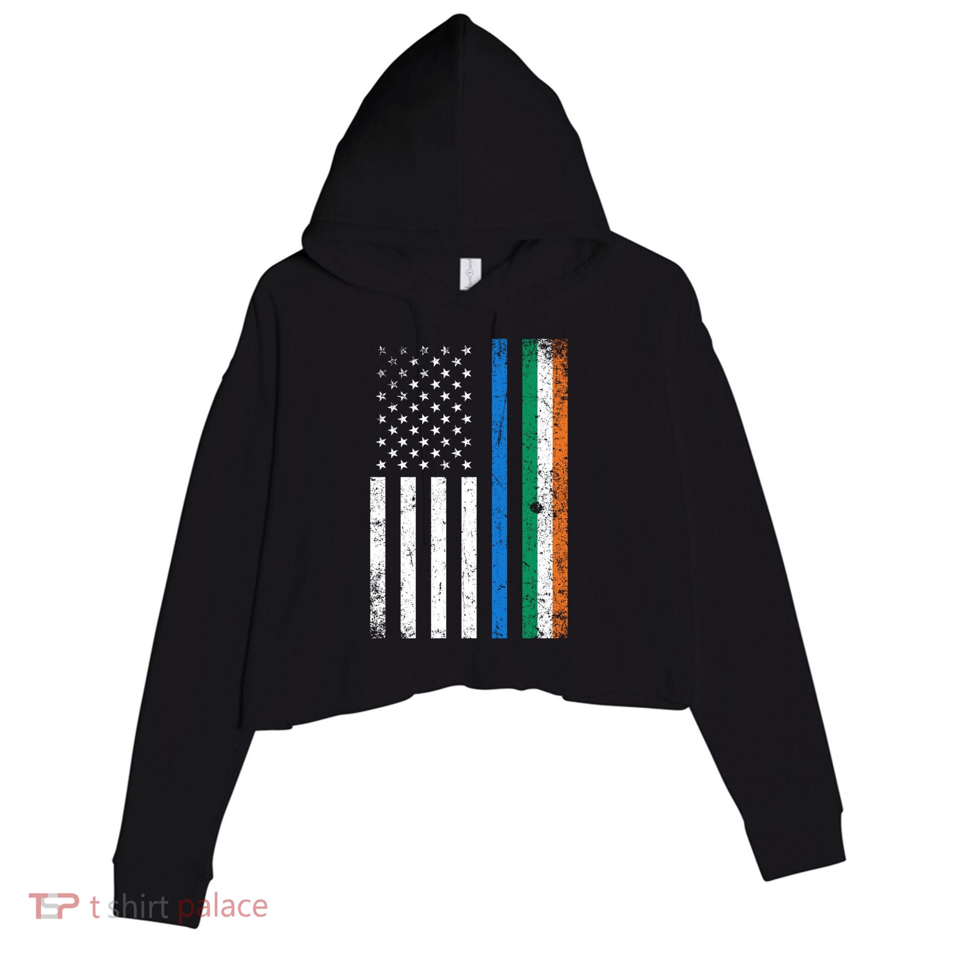 Thin Blue Line Irish American Flag Police Officer Cool Gift Crop Fleece Hoodie