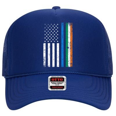 Thin Blue Line Irish American Flag Police Officer Cool Gift High Crown Mesh Back Trucker Hat