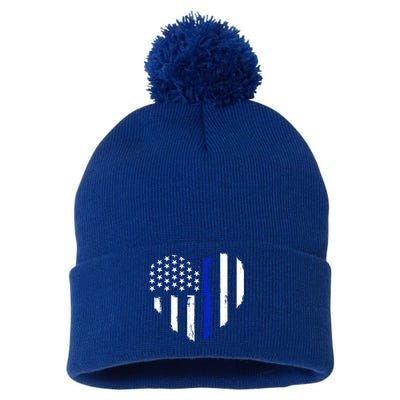 Thin Blue Line Heart Flag Police Officer Support Gift Pom Pom 12in Knit Beanie