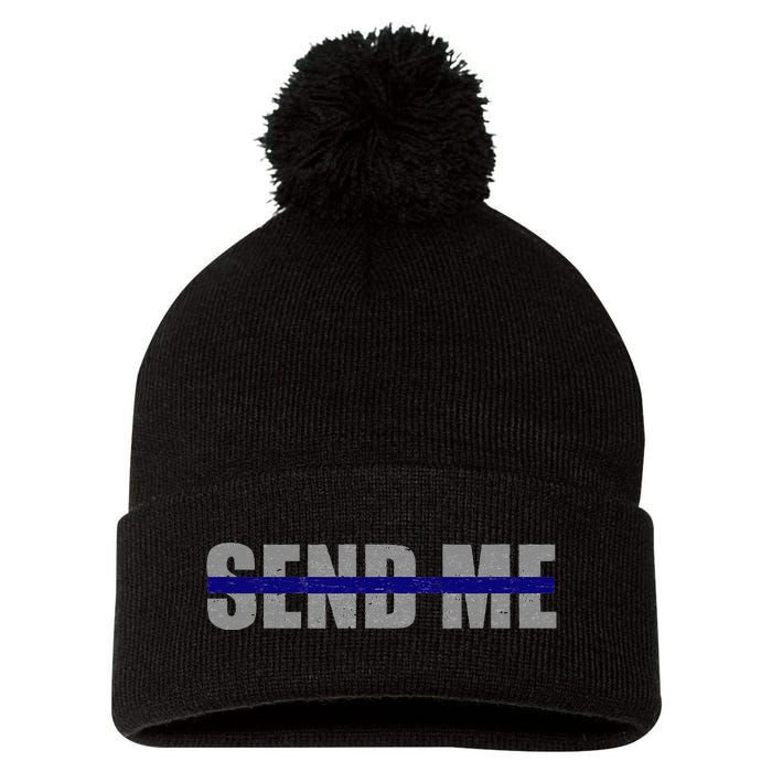 Thin Blue Line Police Support Send Me Pom Pom 12in Knit Beanie