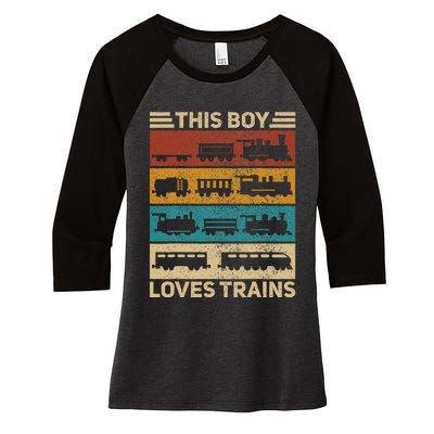 This Boy Loves Trains Lover Wagon Train Women's Tri-Blend 3/4-Sleeve Raglan Shirt