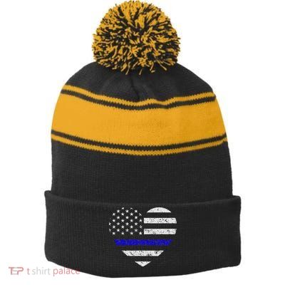 Thin Blue Line American Flag Heart Police Stripe Pom Pom Beanie