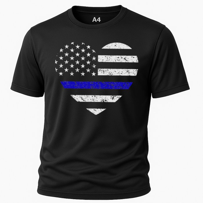 Thin Blue Line American Flag Heart Police Cooling Performance Crew T-Shirt