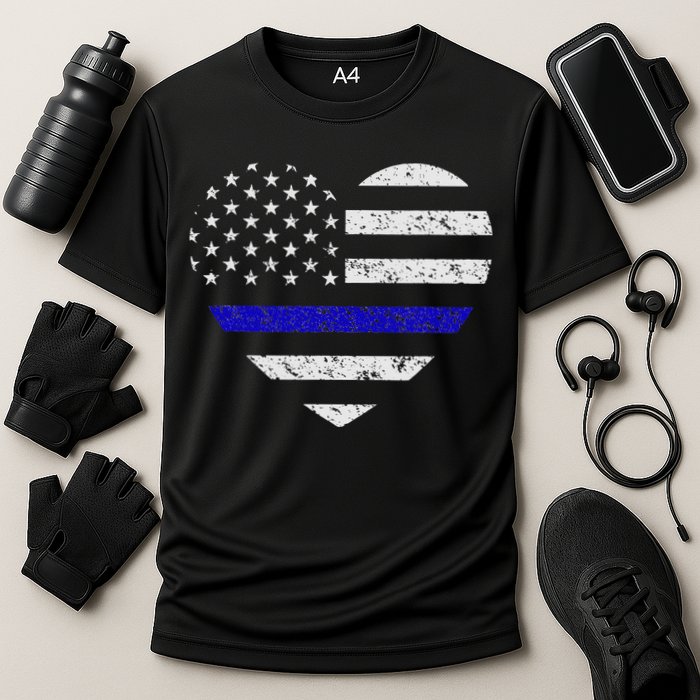 Thin Blue Line American Flag Heart Police Cooling Performance Crew T-Shirt
