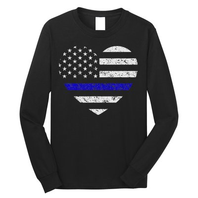 Thin Blue Line American Flag Heart Police Long Sleeve Shirt