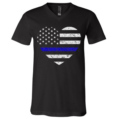 Thin Blue Line American Flag Heart Police V-Neck T-Shirt