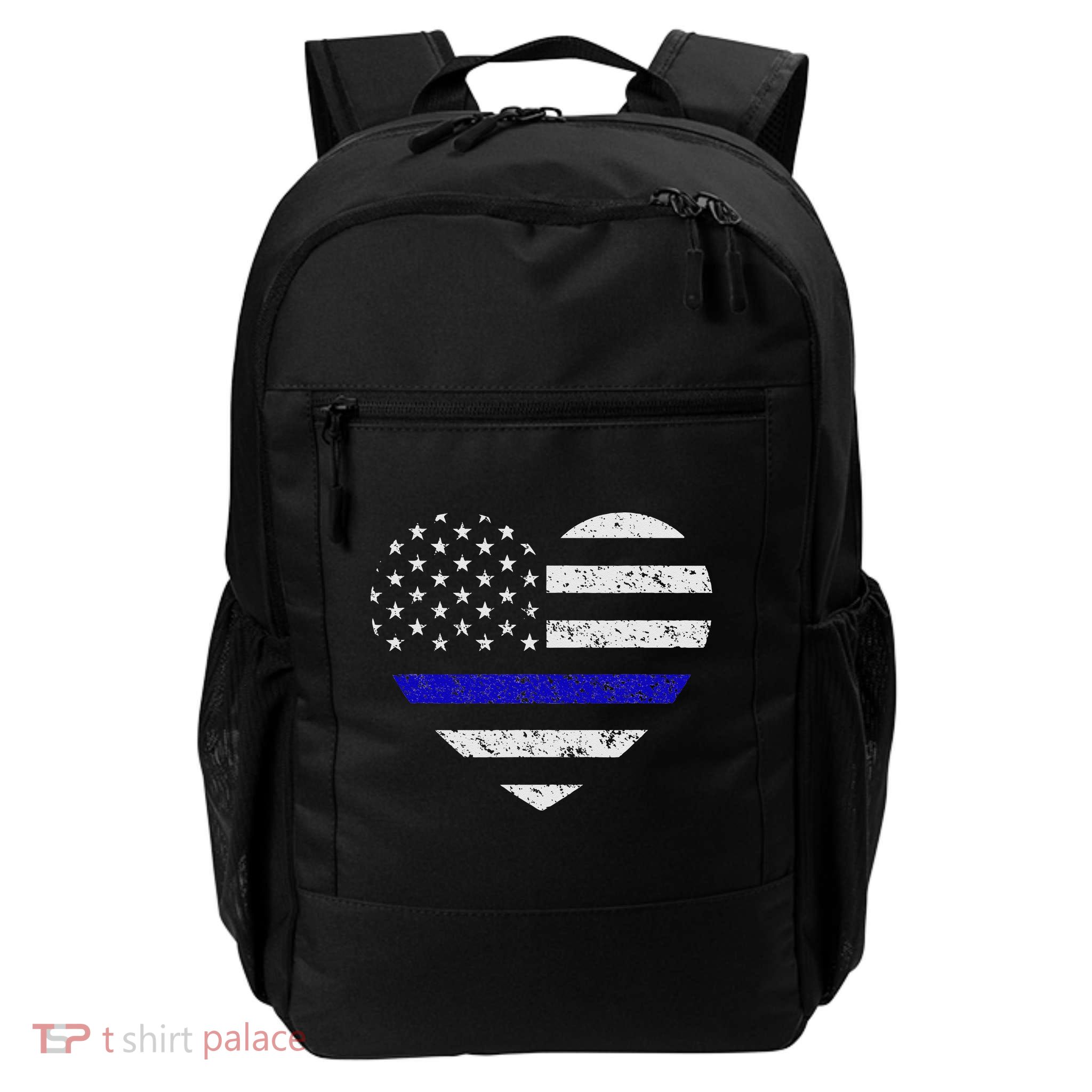 Thin Blue Line American Flag Heart Police Backpack