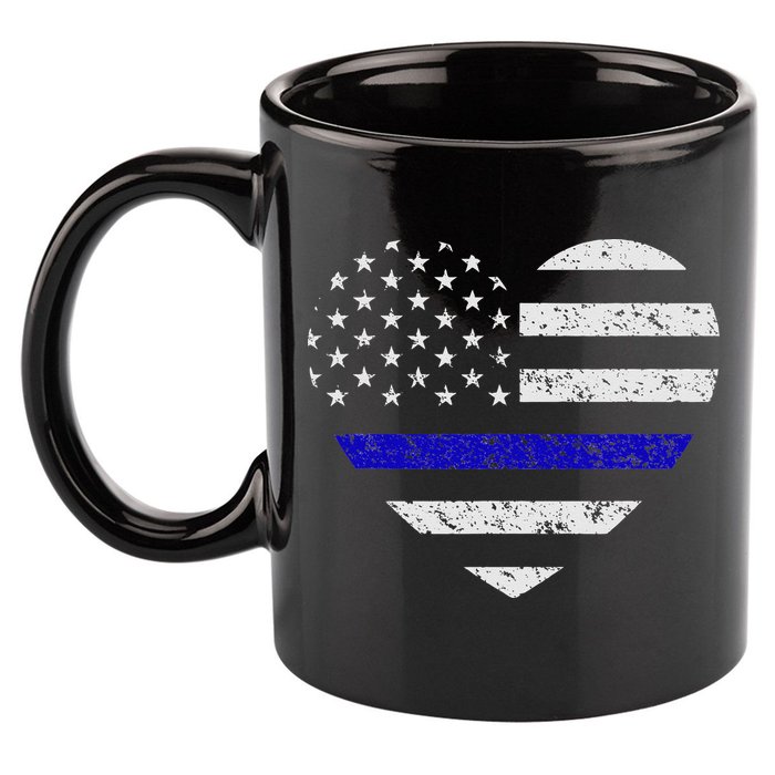Thin Blue Line American Flag Heart Police 11oz C Handle Ceramic Mug