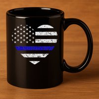 Thin Blue Line American Flag Heart Police 11oz C Handle Ceramic Mug