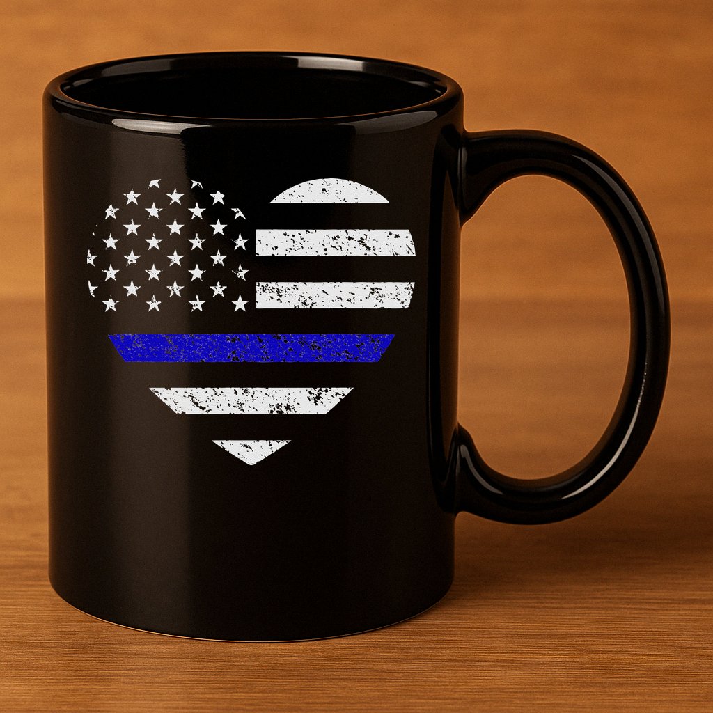 Thin Blue Line American Flag Heart Police 11oz C Handle Ceramic Mug