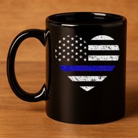 Thin Blue Line American Flag Heart Police 11oz C Handle Ceramic Mug