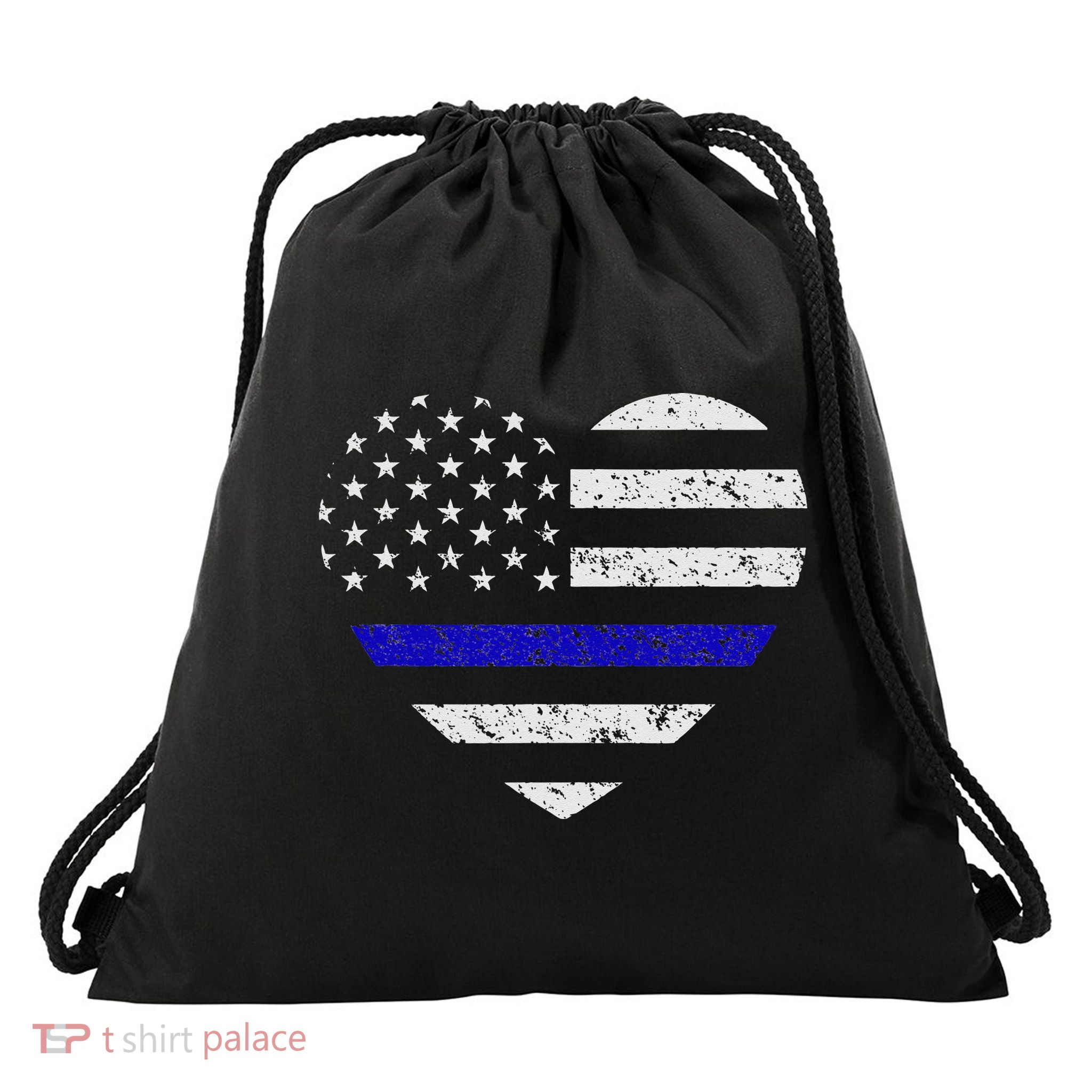 Thin Blue Line American Flag Heart Police Drawstring Bag