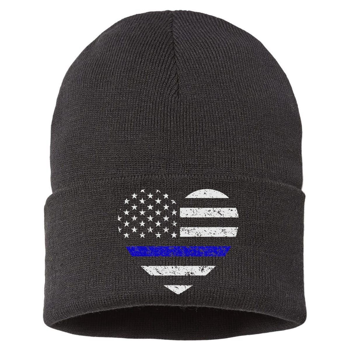 Thin Blue Line American Flag Heart Police Sustainable Knit Beanie