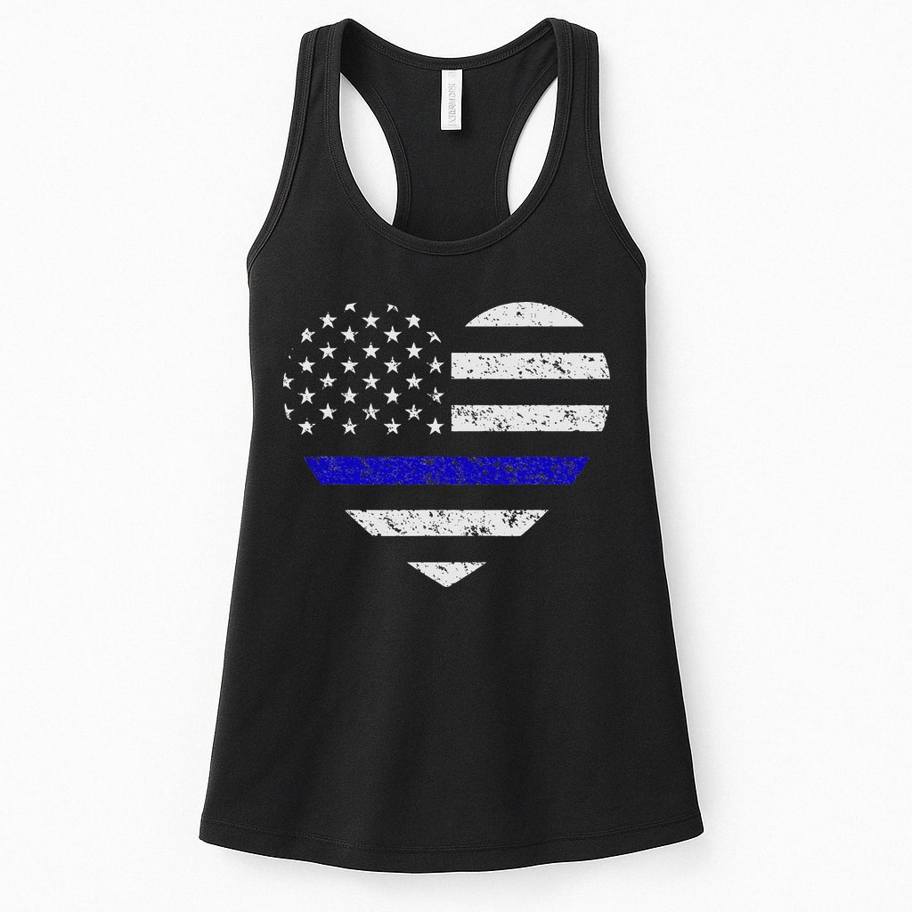 Thin Blue Line American Flag Heart Police Womens Tank Top