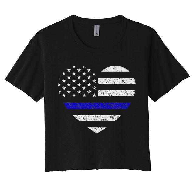 Thin Blue Line American Flag Heart Police Crop Top