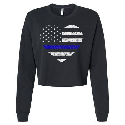 Thin Blue Line American Flag Heart Police Cropped Pullover Crew
