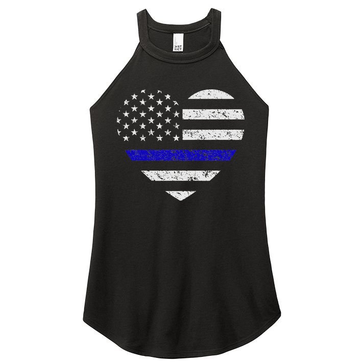 Thin Blue Line American Flag Heart Police Women's Perfect Tri Rocker Tank