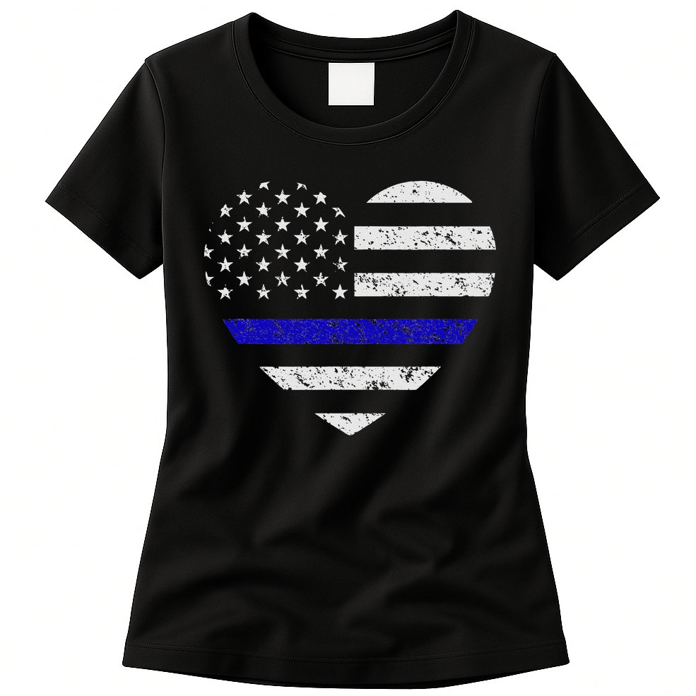 Thin Blue Line American Flag Heart Police Womens T-Shirt